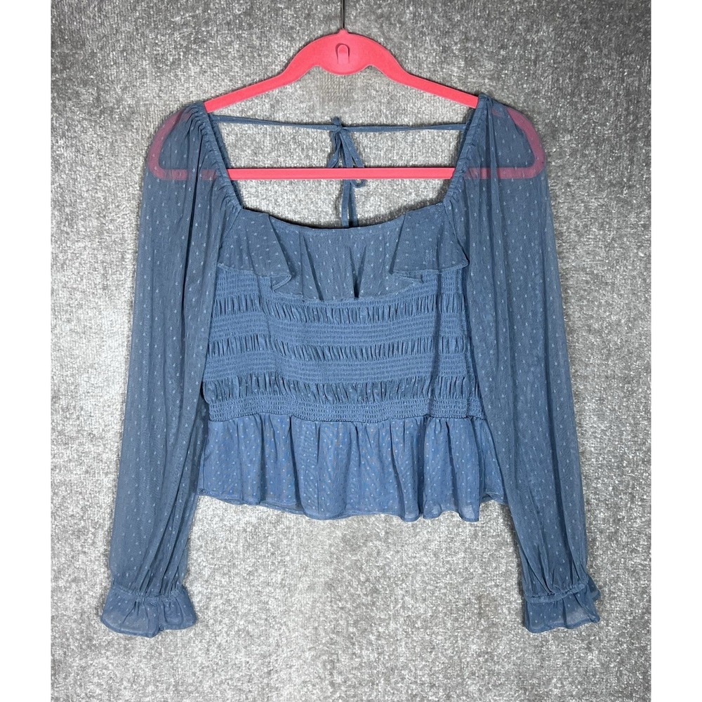 Lauren Conrad Crop Top Womens Size Large Blue‎ Smocked Sheer Puff Sleeves Ruffle